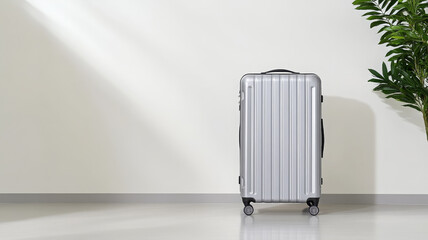Sleek gray suitcase with wheels stands on floor near green plant in modern minimalist room