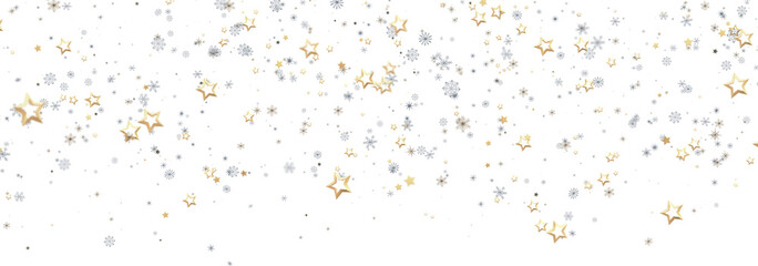 Festive winter background with gold and silver stars and snowflakes. Perfect for holidays.