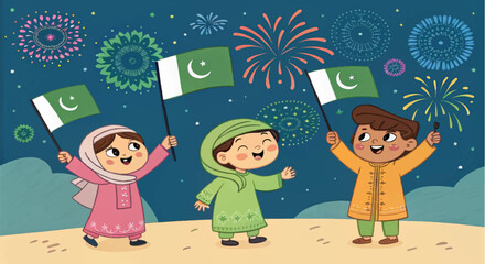Joyful children celebrating Pakistan Independence Day with flags and fireworks under vibrant night sky