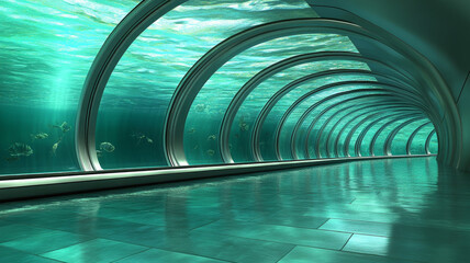 Underwater tunnel, glass corridor, modern architecture, aquatic, turquoise, futuristic design