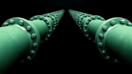 Green industrial pipe, metal bolt, and flange connection, perspective view, isolated black