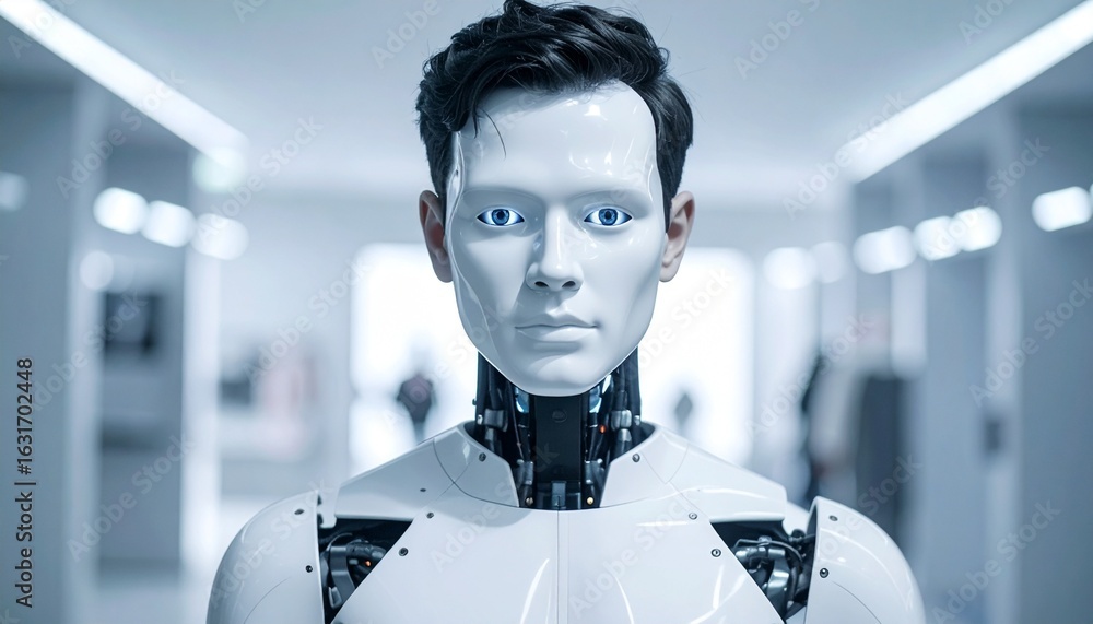 Aufkleber a futuristic robot looking directly at the camera with determination and intelligence