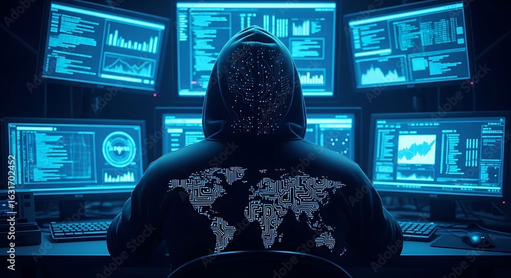 Fototapete anonymous hacker surrounded by computer screens for cybersecurity analysis