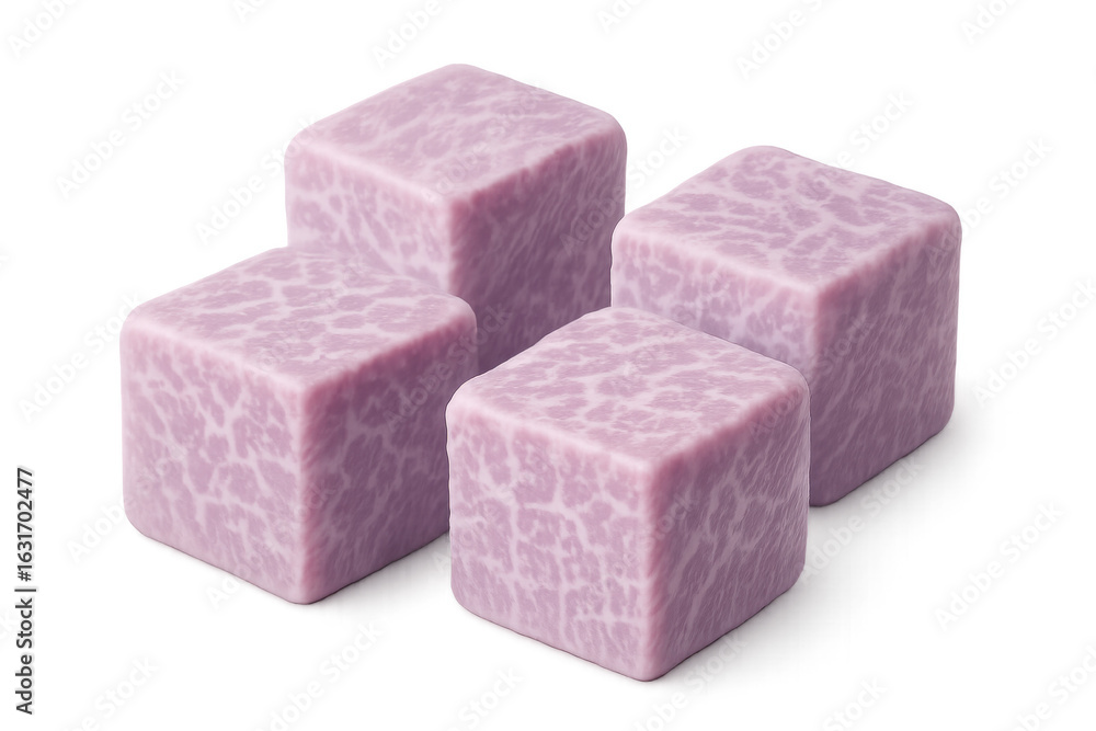 Poster four purple cubes with marble effect are displayed on a transparent background, creating a visually 