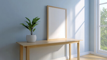 Minimalist wooden table, blank picture frame, green plant, sunlight, peaceful interior design