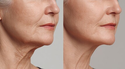 Obraz premium Before and After Facelift Comparison – Close-Up of Elderly Woman’s Lower Face and Neck Showing Reduction of Double Chin and Loose Skin, Emphasizing Jawline Definition and Skin Rejuvenation