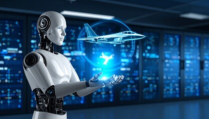 A futuristic depiction of a humanoid robot interacting with a virtual holographic jet plane