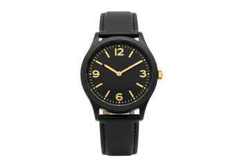 Elegant Black Leather Wristwatch with Gold Accents: Classic Timepiece Product Photography