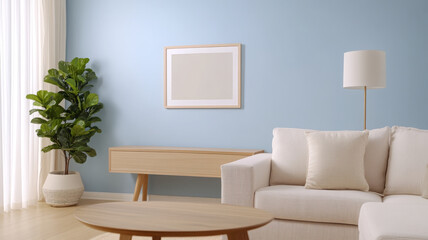 Blank picture frame, light blue wall, modern living room, beige sofa, wooden furniture, calm