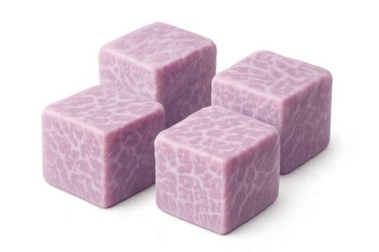 Four purple cubes with marble effect are displayed on a transparent background, creating a visually appealing and modern composition