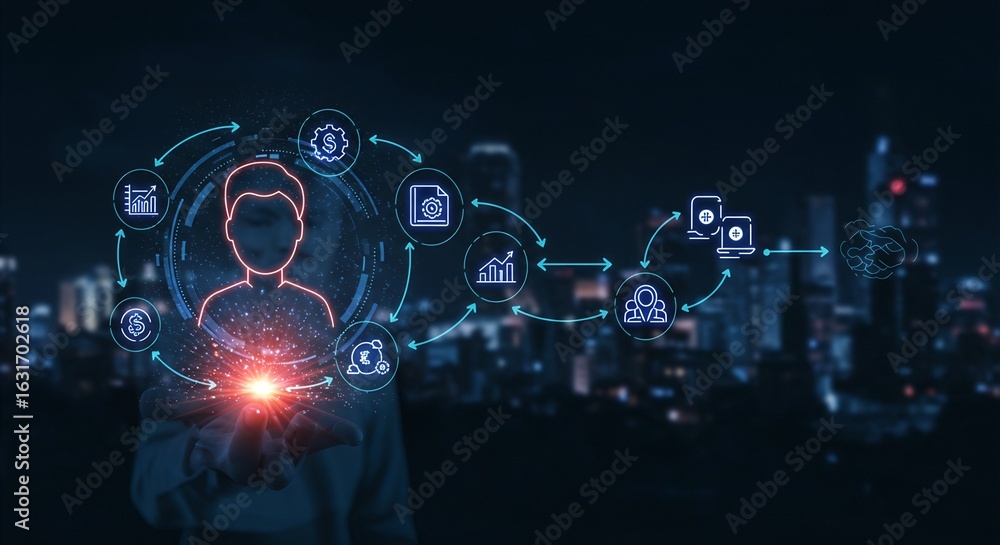 Poster abstract digital representation of a user profile connected to various online services, symbolizing 