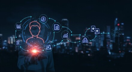Abstract digital representation of a user profile connected to various online services, symbolizing digital identity, networking, and modern communication technologies