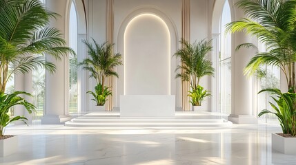 Bright interior with white walls archways columns and tropical plants in square white pots on steps