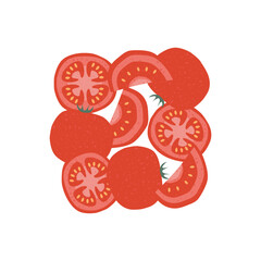 Juicy tomato seamless pattern with slices and whole tomatoes