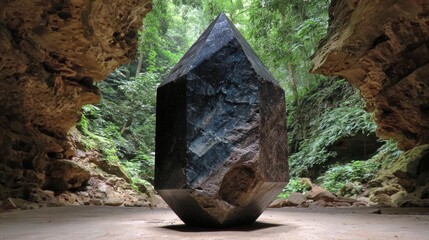 Dark,faceted obelisk in a cave. Lush green forest beyond