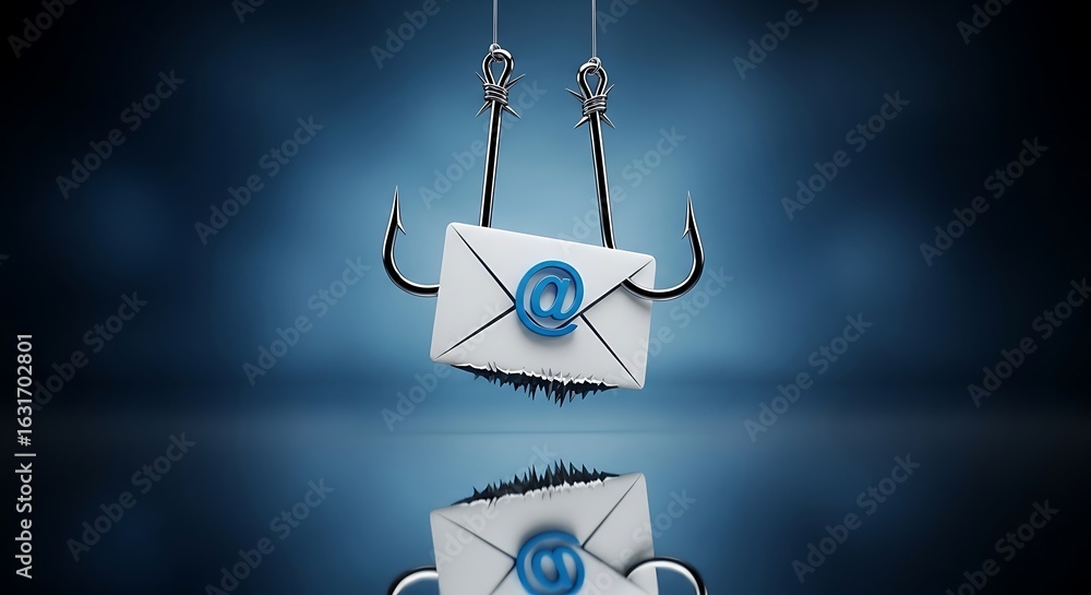 Poster phishing email concept with hooks and letters representing cybercrime