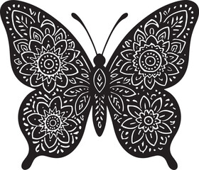 A silhouette of butterfly filled with floral mandala patterns, black on white