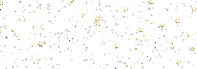 Festive holiday background with gold stars and silver snowflakes. Perfect for cards, websites, and more!