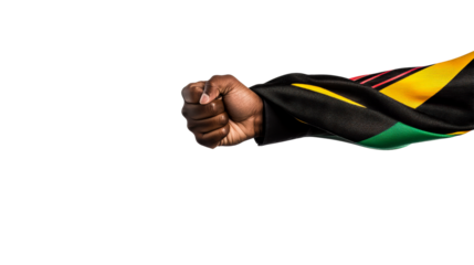 Fist raised in solidarity with colorful Jamaican flag pattern