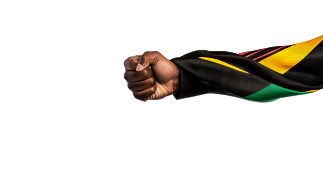 Fist raised in solidarity with colorful Jamaican flag pattern