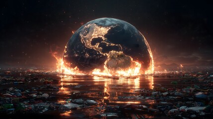 Global planet Earth with oceans and continents in the vast black space, viewed from the Moon, with fire illuminating the atmosphere