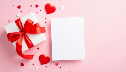 Valentine's Day concept with a white gift box, red ribbon, and a blank greeting card mockup on a pink background. Top view flat lay with copy space.