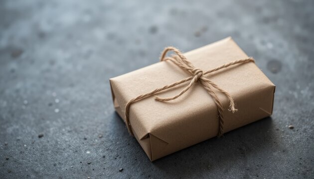 Rectangular gift box wrapped in brown paper and twine
