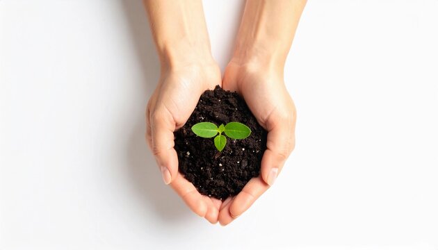 Woman's hands carefully holding a young green plant sprout in rich soil, a concept of nurturing new life, growth, and environmental care on an isolated white background.