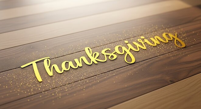 Golden script lettering of the word Thanksgiving on a wooden surface.