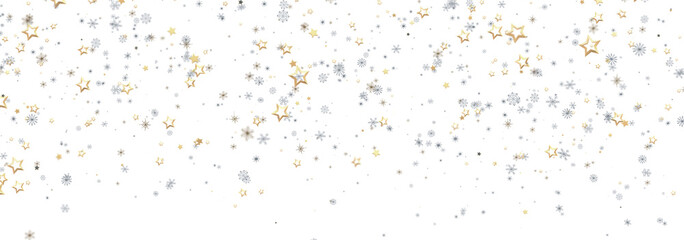 Festive winter background with gold and silver stars and snowflakes. Perfect for holidays.
