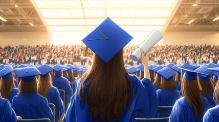 Young female graduate in blue cap holding diploma, indoor ceremony, joyful atmosphere