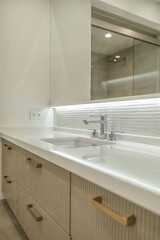 White Bathroom Sink with Backsplash. Modern white bathroom sink with glossy backsplash tiles and clean countertop