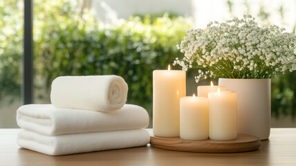 Soft towel white candle spa relaxation flower peaceful wellness natural light