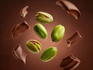 Chocolate Candy with Pistachios Floating. Luxurious chocolate swirl with pistachios floating around, highlighting rich textures and flavors.
