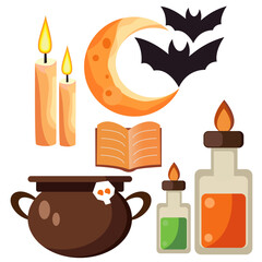 A cute halloween vector set with cauldorn, potions, bat, and candles