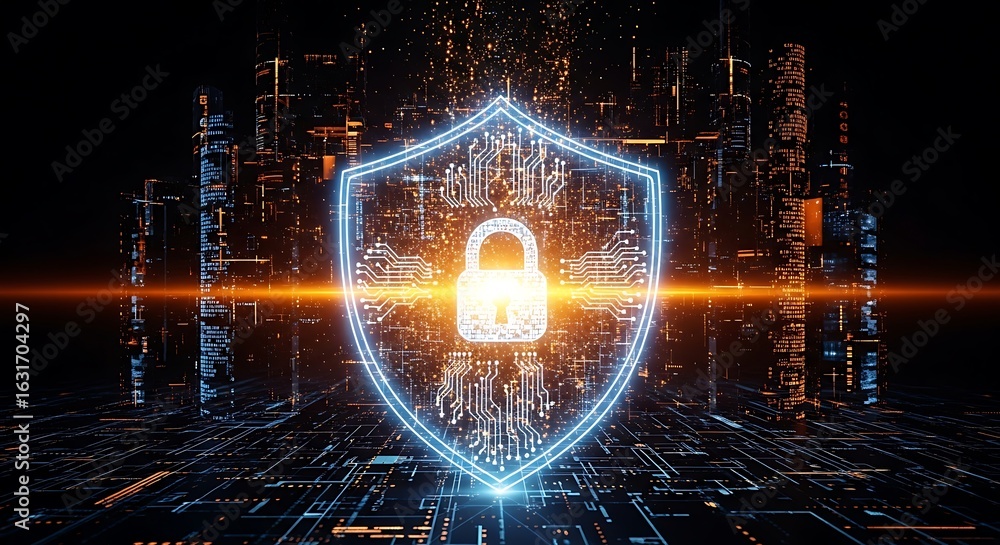 Poster cybersecurity shield with lock protecting data and network from cyber threats