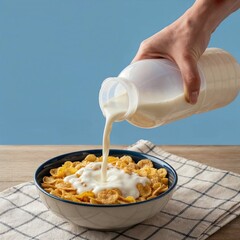 Pouring Milk Over Cereal & Fruits. Stream of milk being poured over crunchy cereal and sliced fruits in a bowl, ready for breakfast.
