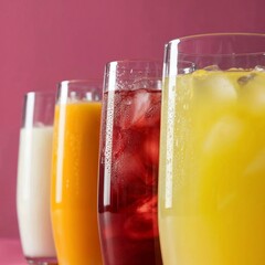 Colorful Juice Glasses Set. A vibrant juice and milk glasses in orange, red, and purple hues arranged in a clean background for a fresh beverage concept.