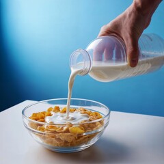 Pouring Milk Over Cereal & Fruits. Stream of milk being poured over crunchy cereal and sliced fruits in a bowl, ready for breakfast.