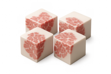 Four white cubes with growing red coral inside isolated on transparent background, ideal for concepts about nature and growth