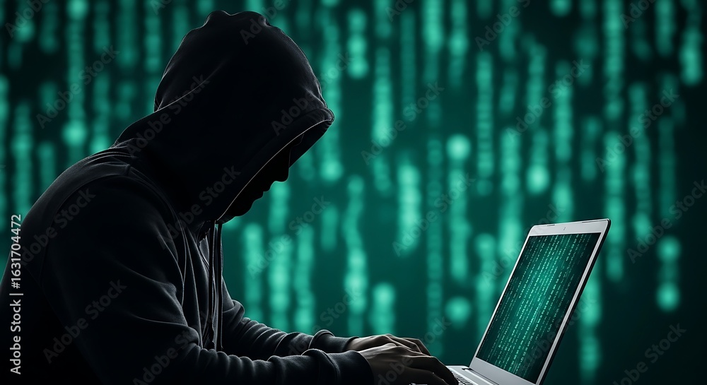 Poster hacker using laptop to commit cybercrime and data breach in the dark