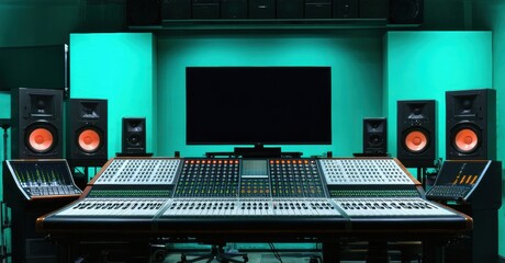 Professional recording studio features mixing console, monitors, dark room. Teal lighting creates dramatic atmosphere. Equipment dominates space.