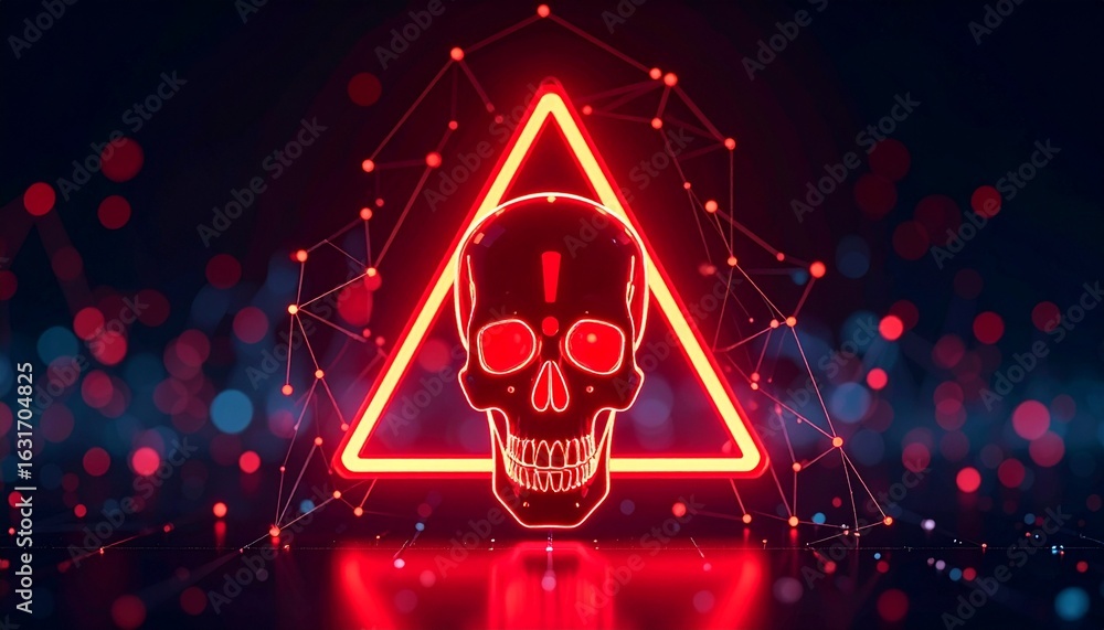 Poster a skull symbol inside a red triangle, representing danger and warning. the digital design shows a gl