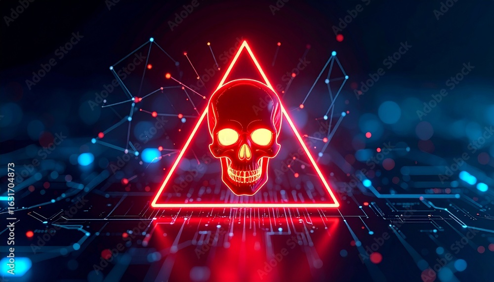 Aufkleber cybersecurity threat depicted by a skull illuminated within a red triangle, overlaid on a circuit bo