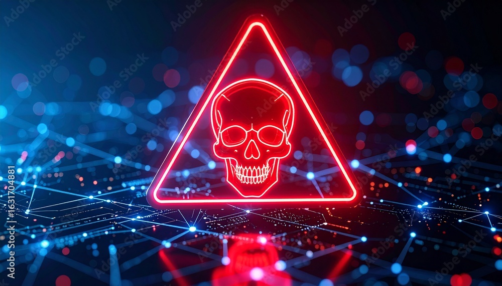 Poster cybersecurity concept with a skull and crossbones symbol illuminated within a red triangle, represen