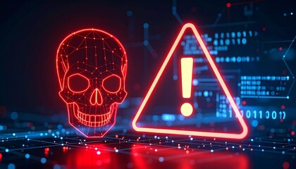 Cybersecurity alert concept with glowing red skull and warning sign, symbolizing the dangers of cyber threats