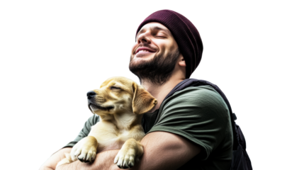Man joyfully embraces puppy with love and affection indoors