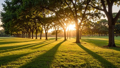 Sunset illuminates a grove of trees, casting long shadows on the grassy field. Warm light bathes the scene