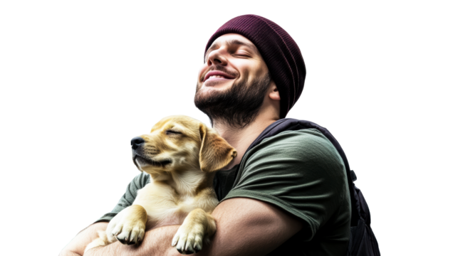 Man joyfully embraces puppy with love and affection indoors