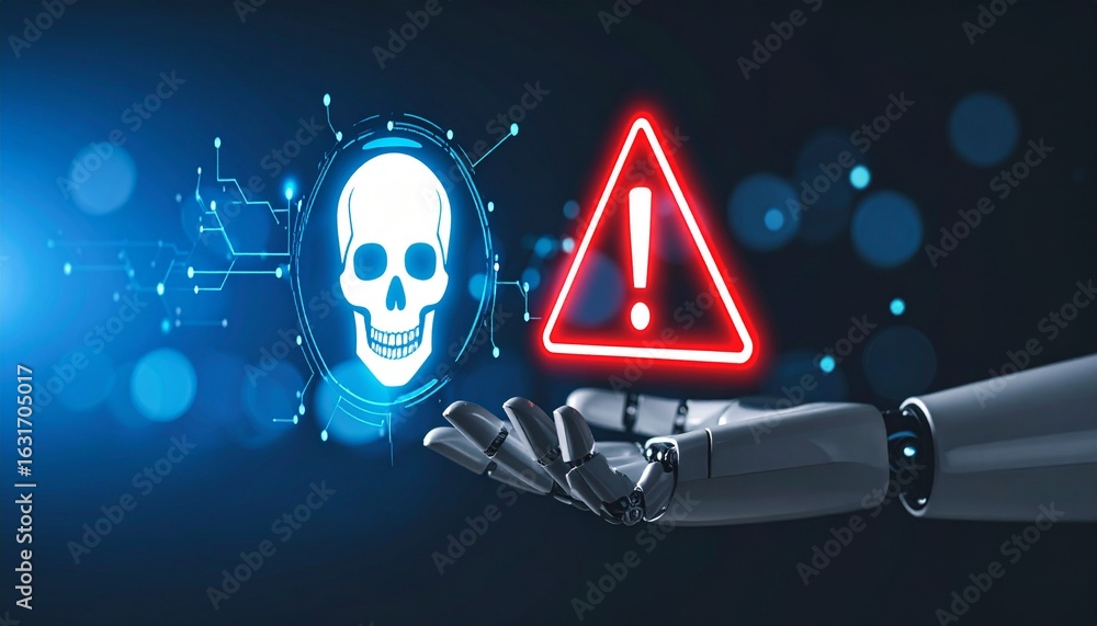 Aufkleber a conceptual image showing a robot hand holding digital symbols of a skull and an exclamation point.